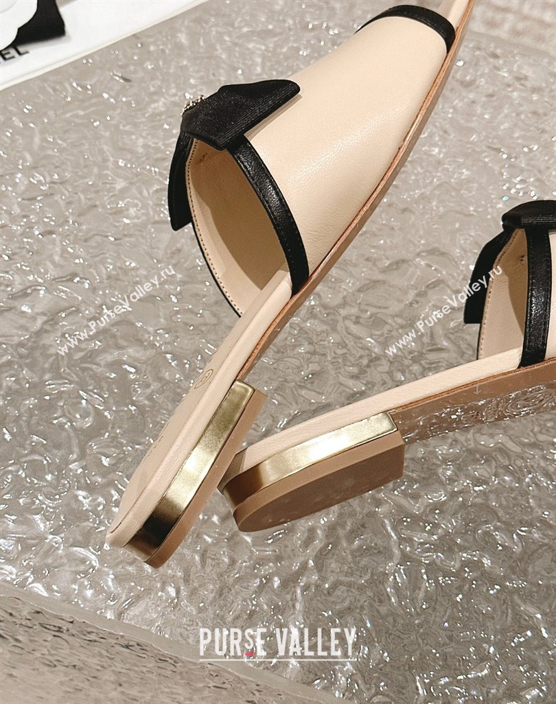 Chanel Lambskin Grosgrain Flat Mules with Bow G45691 Beige 2024 (modeng-24040133)