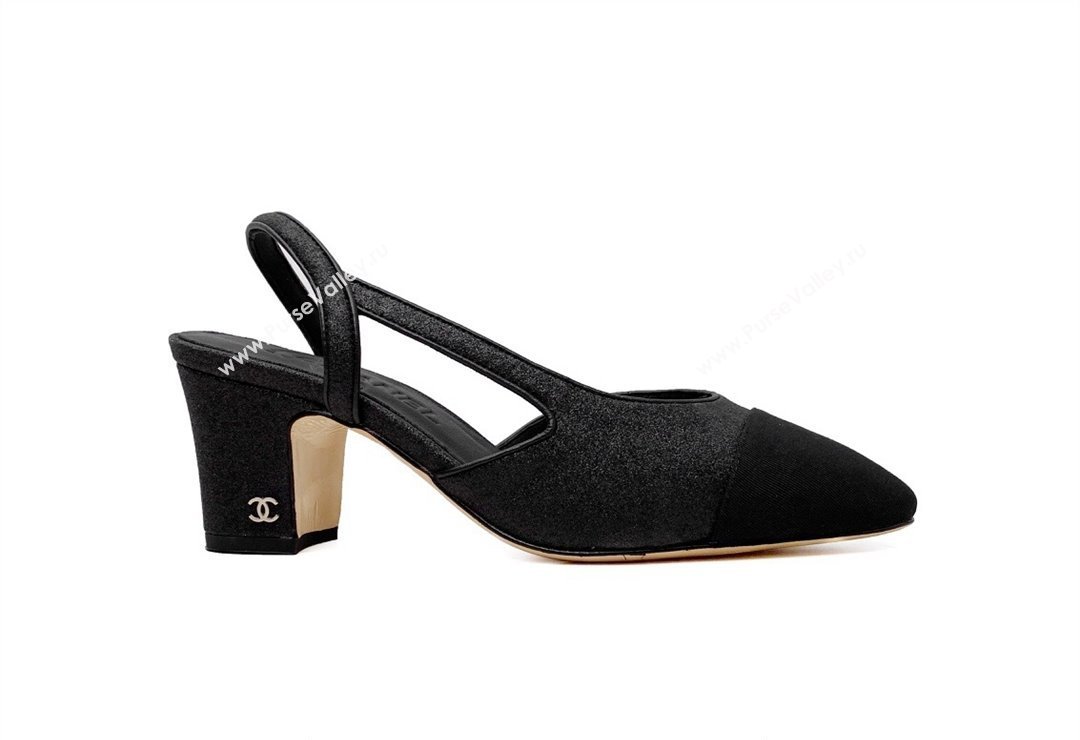 Chanel Heel 6.5cm Slingbacks G31318 Glitter Black 2024 (modeng-24040206)