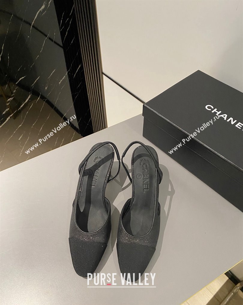 Chanel Heel 6.5cm Slingbacks G31318 Glitter Black 2024 (modeng-24040206)