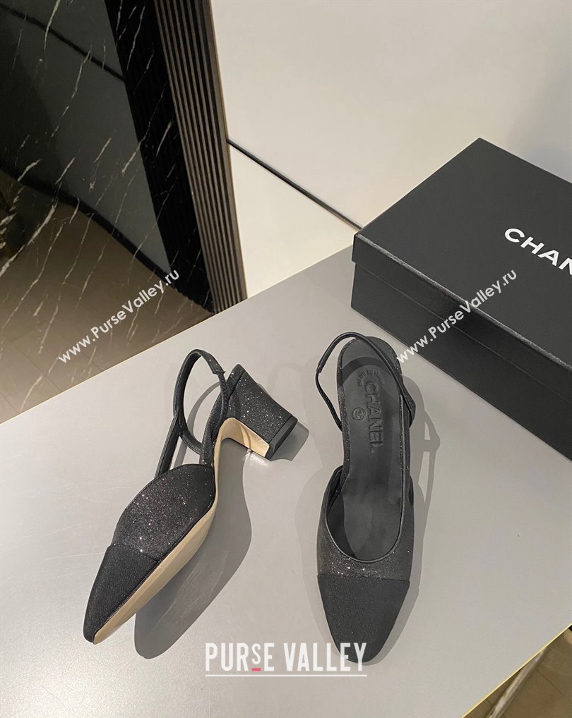 Chanel Heel 6.5cm Slingbacks G31318 Glitter Black 2024 (modeng-24040206)