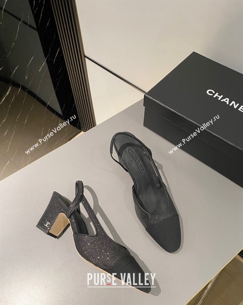 Chanel Heel 6.5cm Slingbacks G31318 Glitter Black 2024 (modeng-24040206)