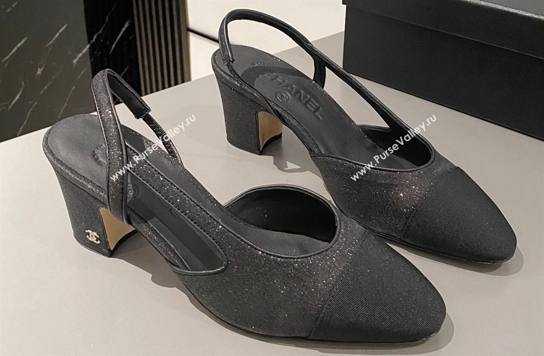 Chanel Heel 6.5cm Slingbacks G31318 Glitter Black 2024 (modeng-24040206)
