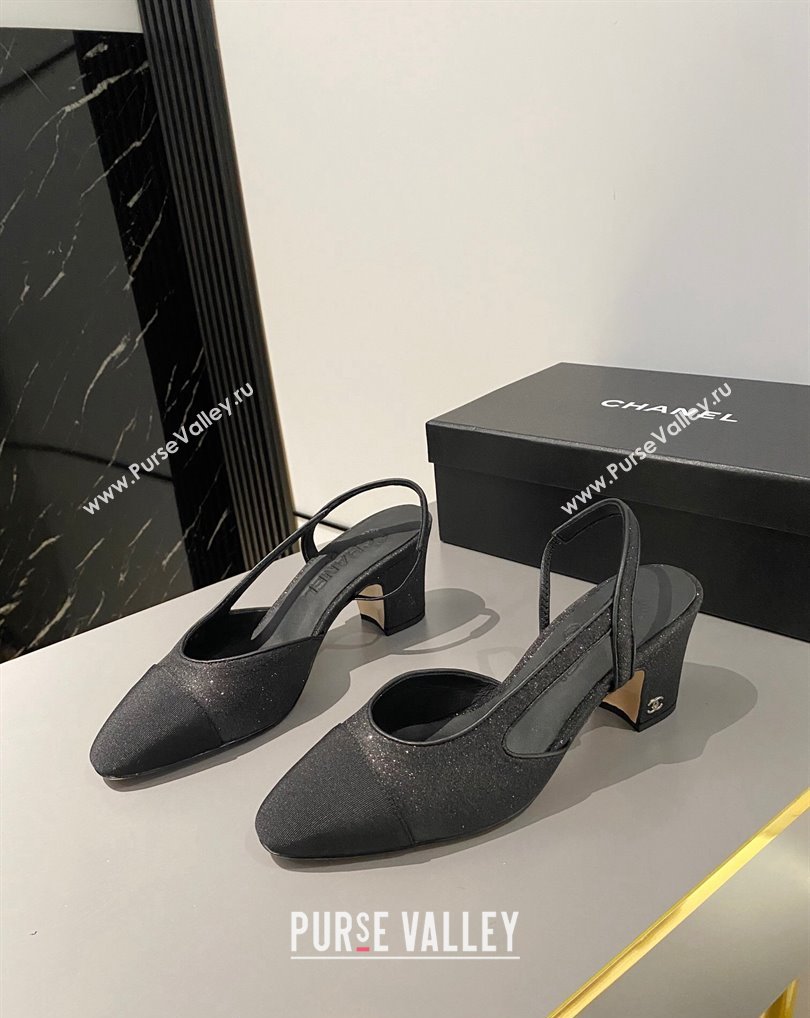 Chanel Heel 6.5cm Slingbacks G31318 Glitter Black 2024 (modeng-24040206)