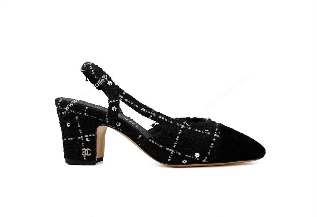 Chanel Heel 6.5cm Slingbacks G31318 Tweed Black 2024 (modeng-24040207)