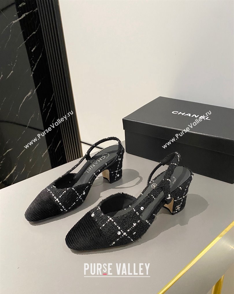 Chanel Heel 6.5cm Slingbacks G31318 Tweed Black 2024 (modeng-24040207)