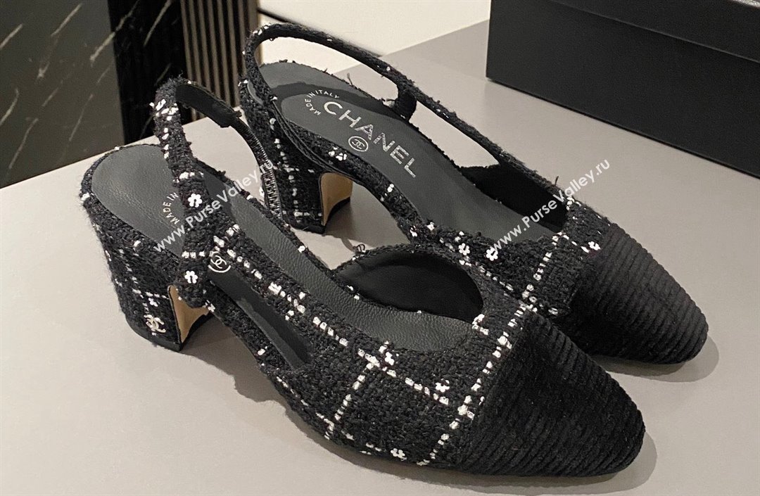 Chanel Heel 6.5cm Slingbacks G31318 Tweed Black 2024 (modeng-24040207)