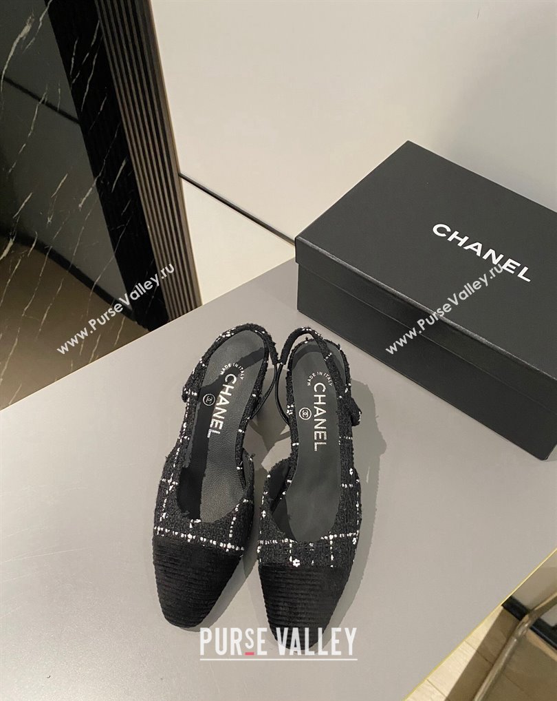 Chanel Heel 6.5cm Slingbacks G31318 Tweed Black 2024 (modeng-24040207)