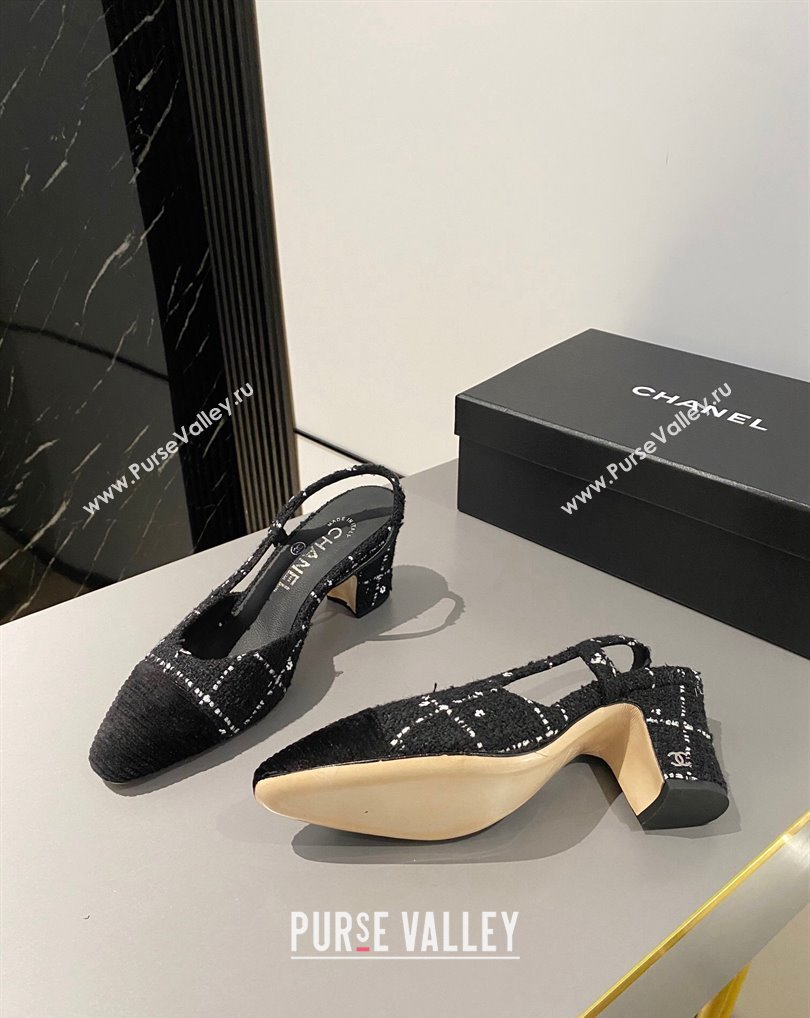 Chanel Heel 6.5cm Slingbacks G31318 Tweed Black 2024 (modeng-24040207)
