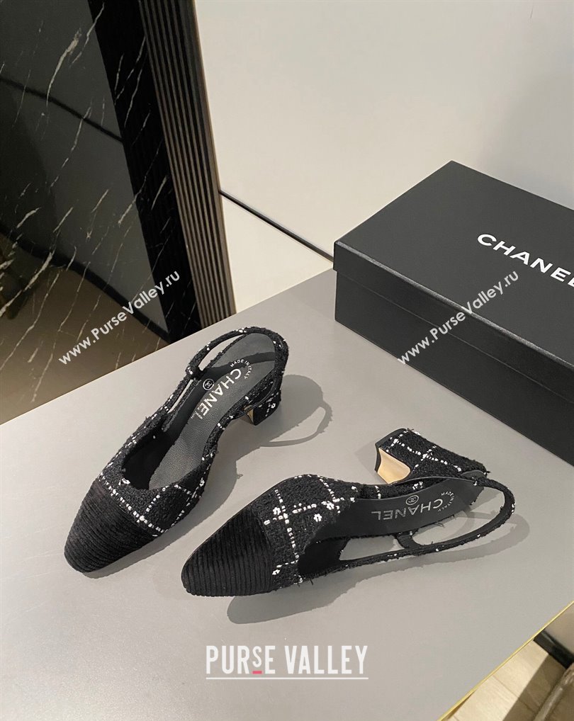 Chanel Heel 6.5cm Slingbacks G31318 Tweed Black 2024 (modeng-24040207)