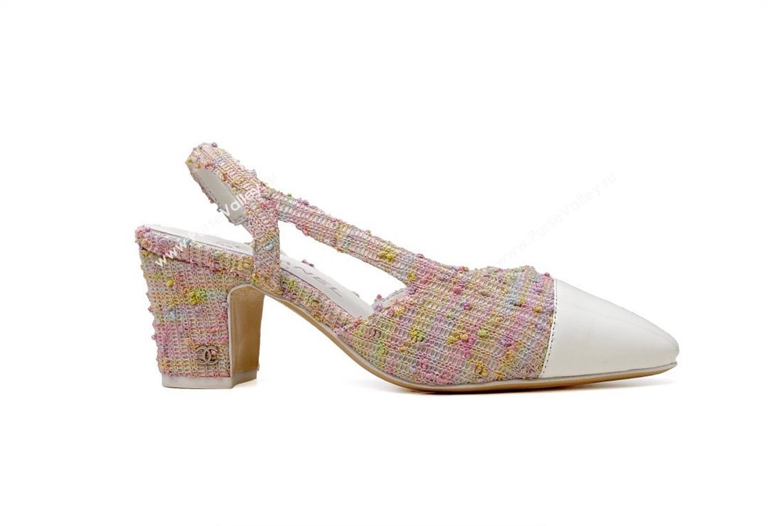 Chanel Heel 6.5cm Slingbacks G31318 Tweed Pink/Patent White 2024 (modeng-24040213)