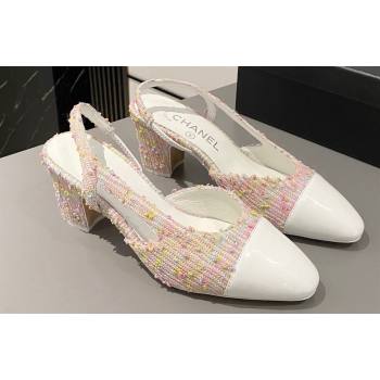 Chanel Heel 6.5cm Slingbacks G31318 Tweed Pink/Patent White 2024 (modeng-24040213)