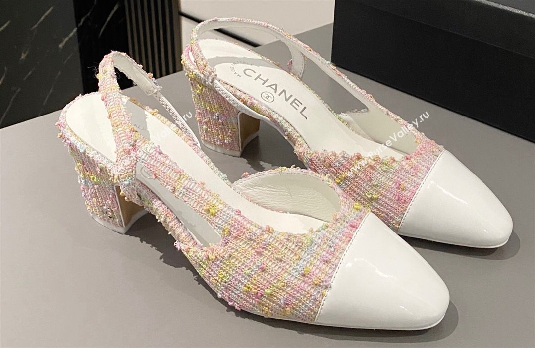 Chanel Heel 6.5cm Slingbacks G31318 Tweed Pink/Patent White 2024 (modeng-24040213)
