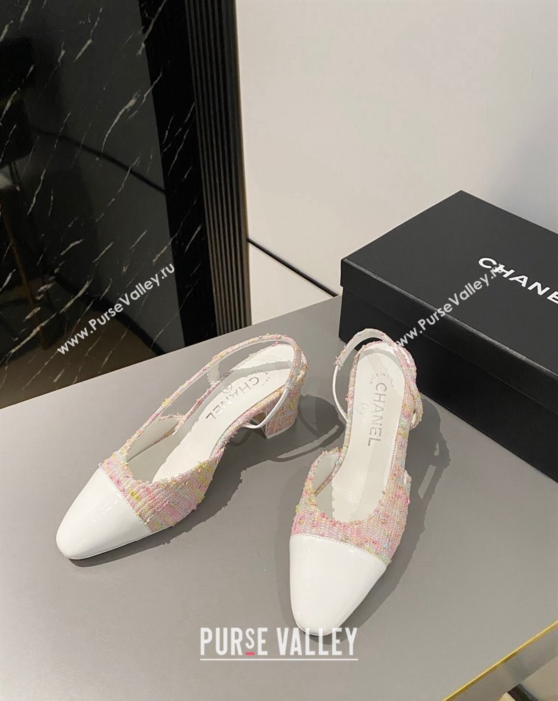 Chanel Heel 6.5cm Slingbacks G31318 Tweed Pink/Patent White 2024 (modeng-24040213)
