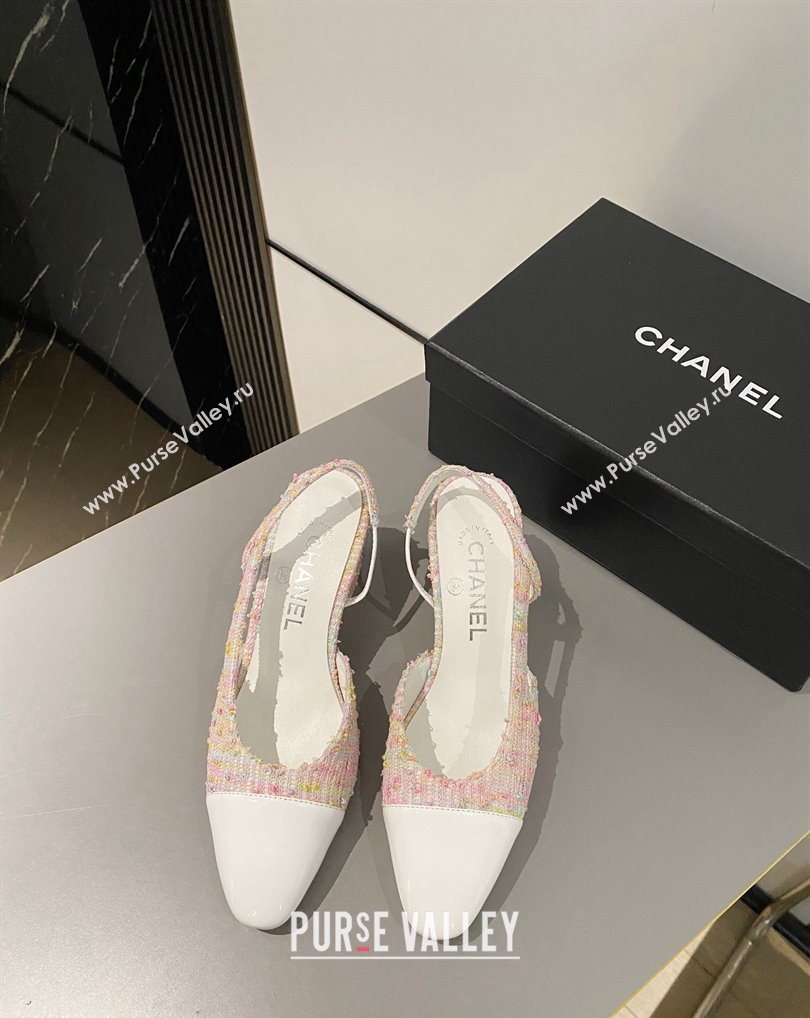 Chanel Heel 6.5cm Slingbacks G31318 Tweed Pink/Patent White 2024 (modeng-24040213)