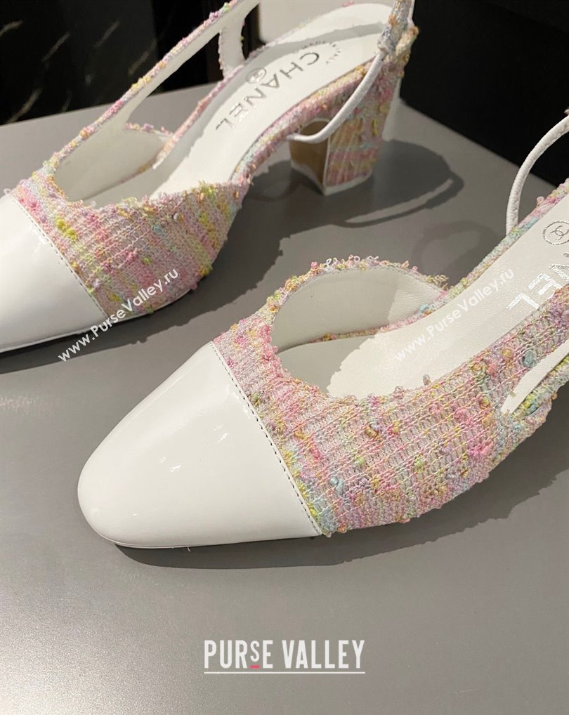 Chanel Heel 6.5cm Slingbacks G31318 Tweed Pink/Patent White 2024 (modeng-24040213)