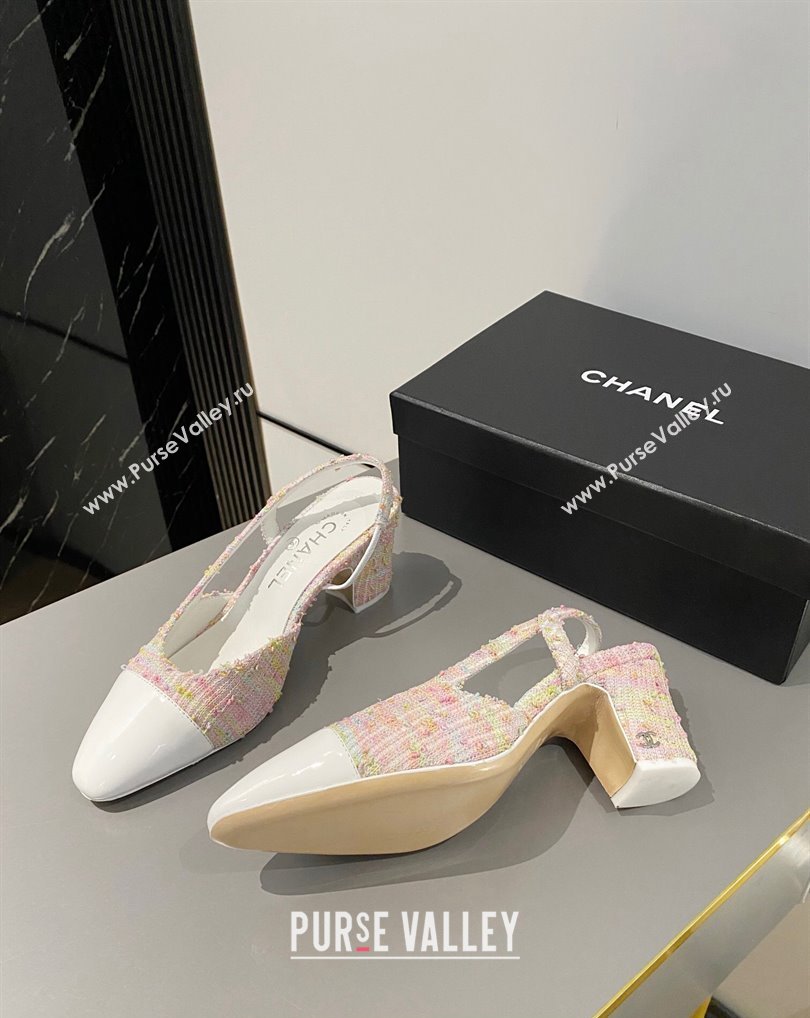 Chanel Heel 6.5cm Slingbacks G31318 Tweed Pink/Patent White 2024 (modeng-24040213)