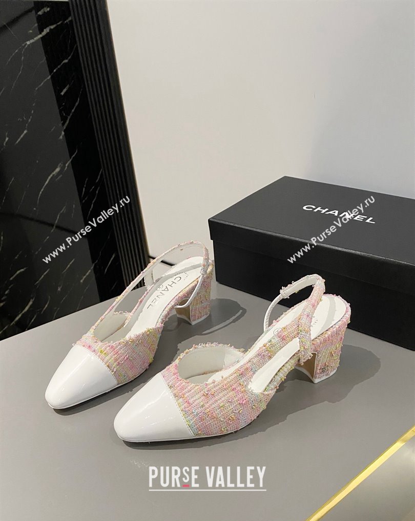 Chanel Heel 6.5cm Slingbacks G31318 Tweed Pink/Patent White 2024 (modeng-24040213)