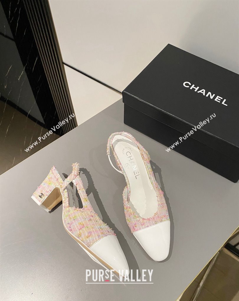 Chanel Heel 6.5cm Slingbacks G31318 Tweed Pink/Patent White 2024 (modeng-24040213)