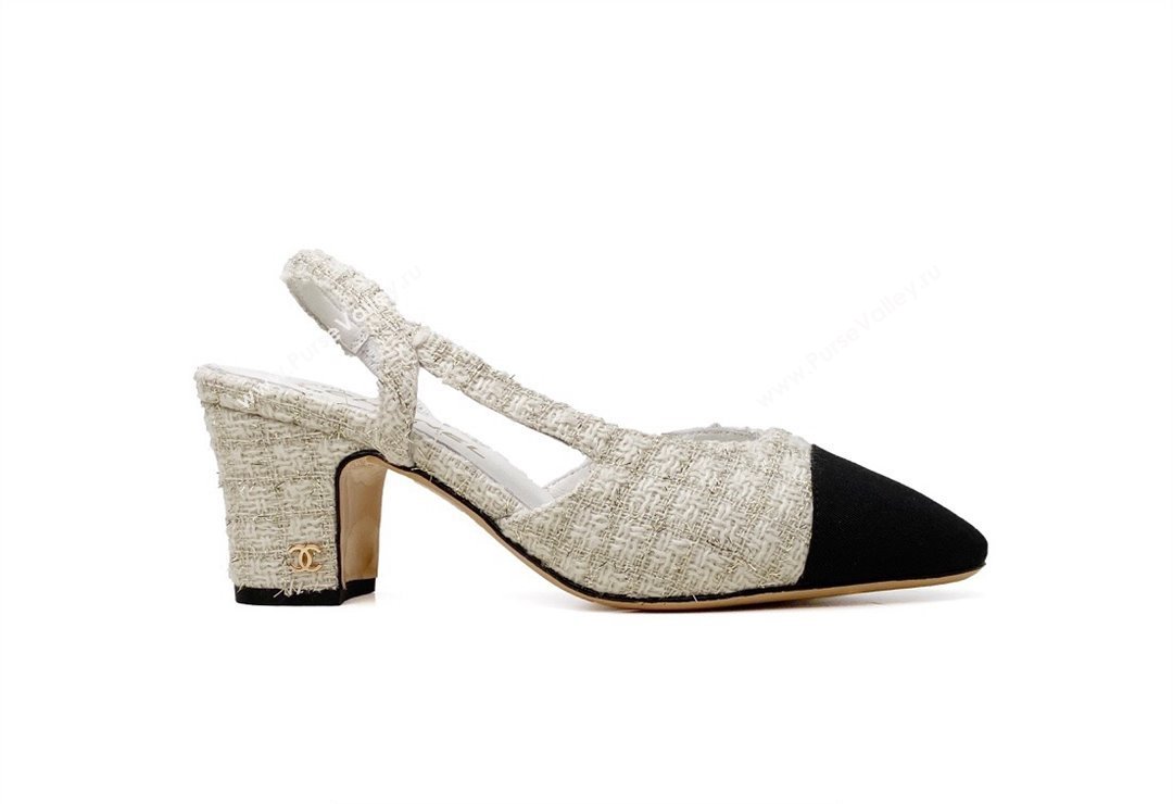 Chanel Heel 6.5cm Slingbacks G31318 Tweed White/Black 2024 (modeng-24040215)