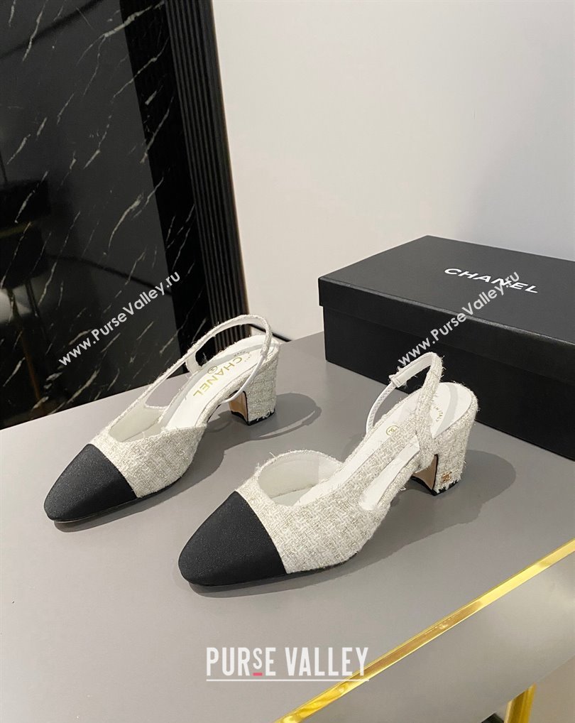 Chanel Heel 6.5cm Slingbacks G31318 Tweed White/Black 2024 (modeng-24040215)