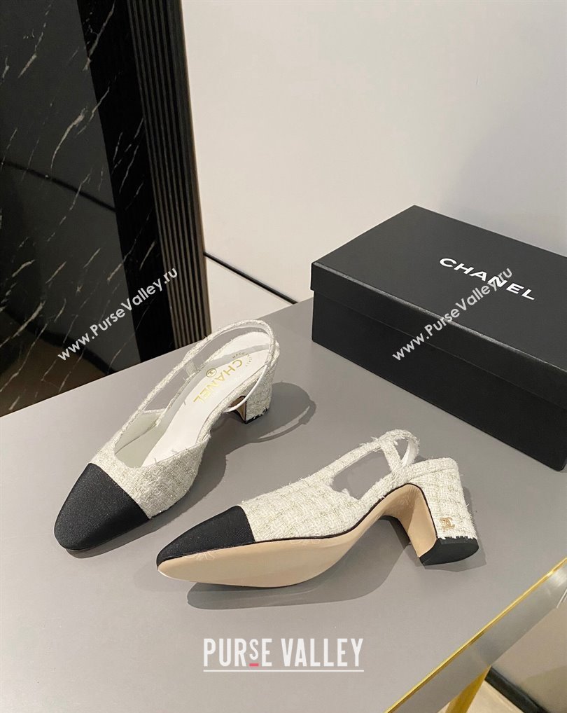 Chanel Heel 6.5cm Slingbacks G31318 Tweed White/Black 2024 (modeng-24040215)