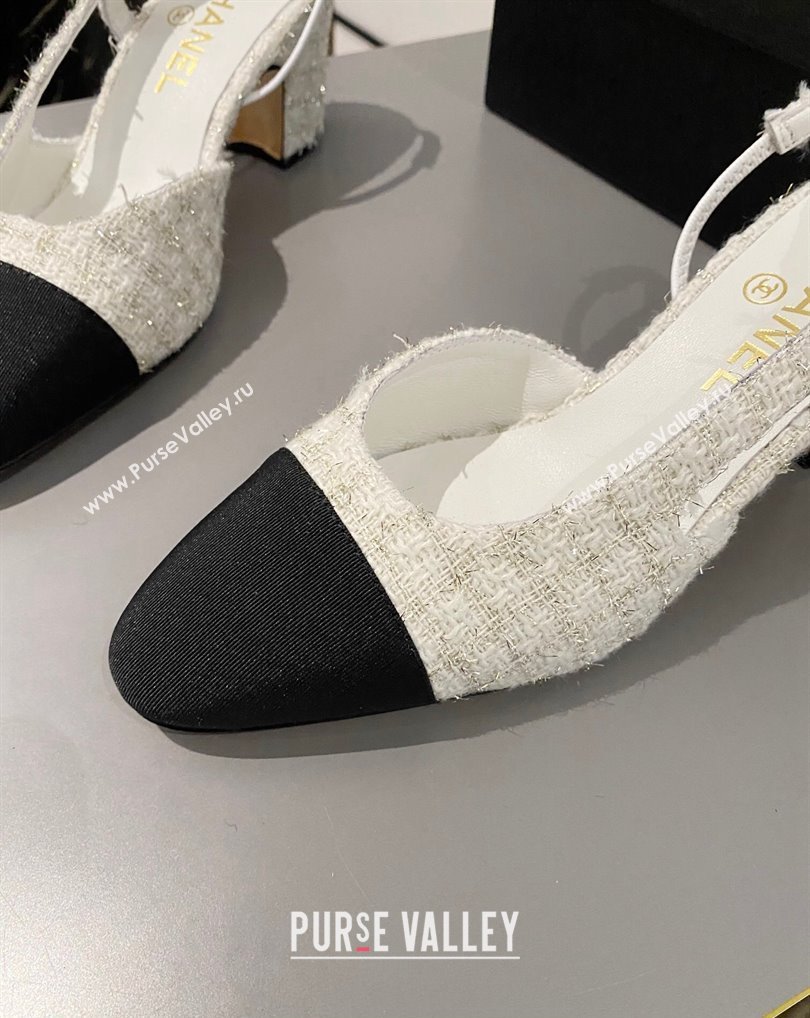 Chanel Heel 6.5cm Slingbacks G31318 Tweed White/Black 2024 (modeng-24040215)