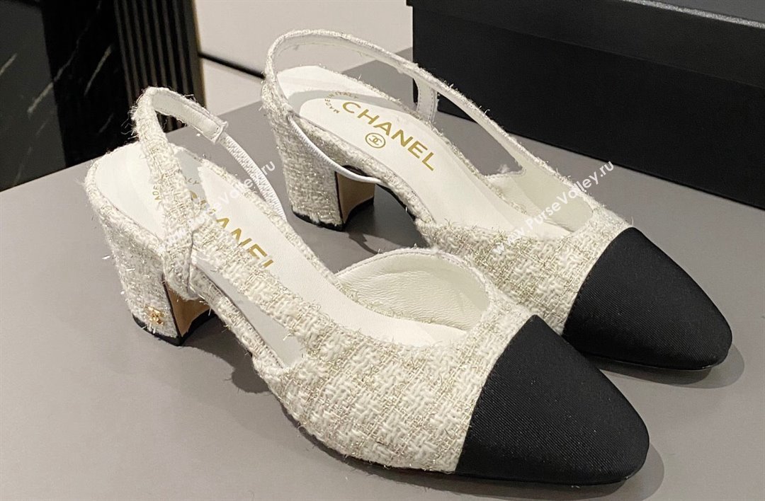 Chanel Heel 6.5cm Slingbacks G31318 Tweed White/Black 2024 (modeng-24040215)