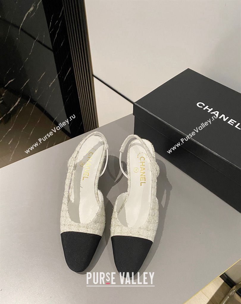 Chanel Heel 6.5cm Slingbacks G31318 Tweed White/Black 2024 (modeng-24040215)