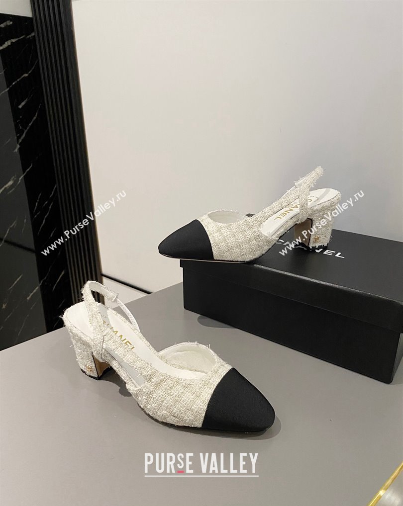 Chanel Heel 6.5cm Slingbacks G31318 Tweed White/Black 2024 (modeng-24040215)
