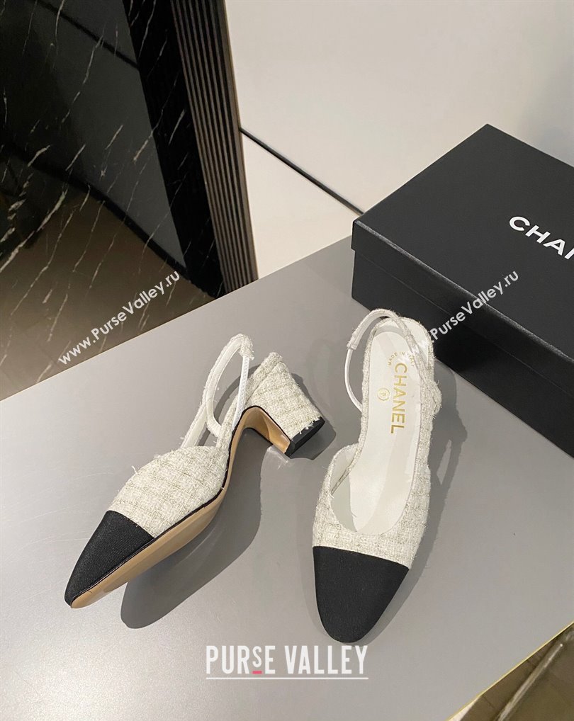 Chanel Heel 6.5cm Slingbacks G31318 Tweed White/Black 2024 (modeng-24040215)