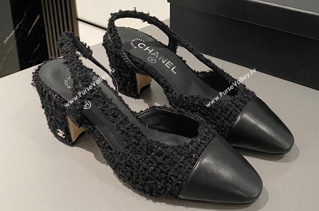 Chanel Heel 6.5cm Slingbacks G31318 Tweed Black/Leather 2024 (modeng-24040216)