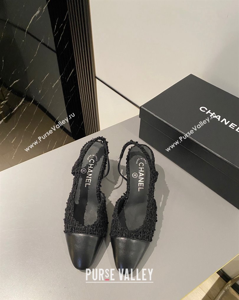 Chanel Heel 6.5cm Slingbacks G31318 Tweed Black/Leather 2024 (modeng-24040216)