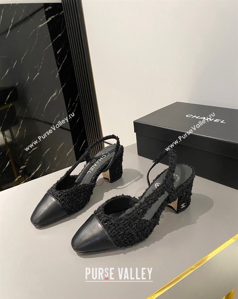 Chanel Heel 6.5cm Slingbacks G31318 Tweed Black/Leather 2024 (modeng-24040216)