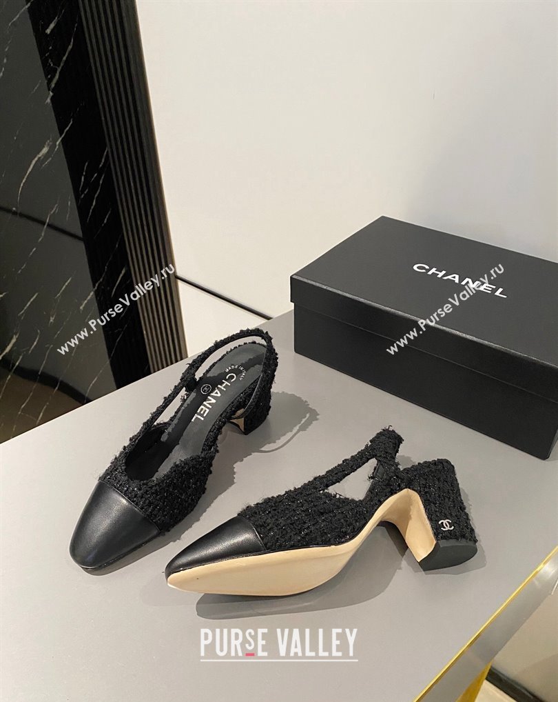 Chanel Heel 6.5cm Slingbacks G31318 Tweed Black/Leather 2024 (modeng-24040216)