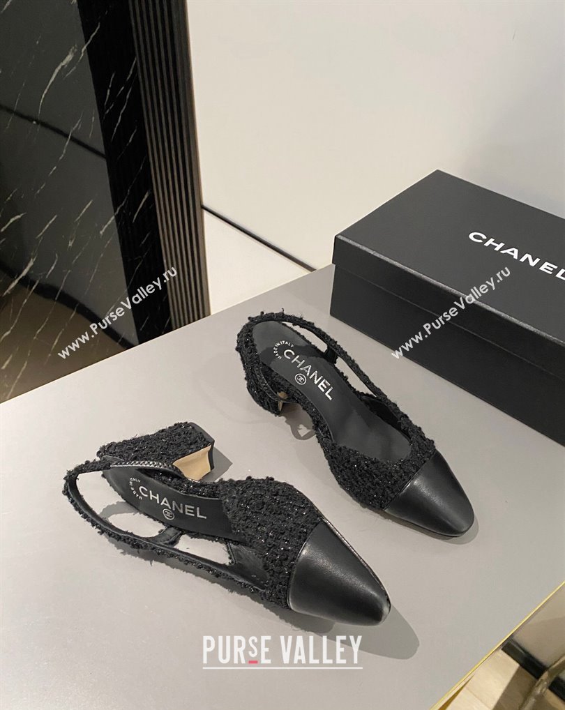 Chanel Heel 6.5cm Slingbacks G31318 Tweed Black/Leather 2024 (modeng-24040216)