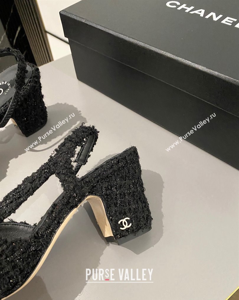 Chanel Heel 6.5cm Slingbacks G31318 Tweed Black/Leather 2024 (modeng-24040216)