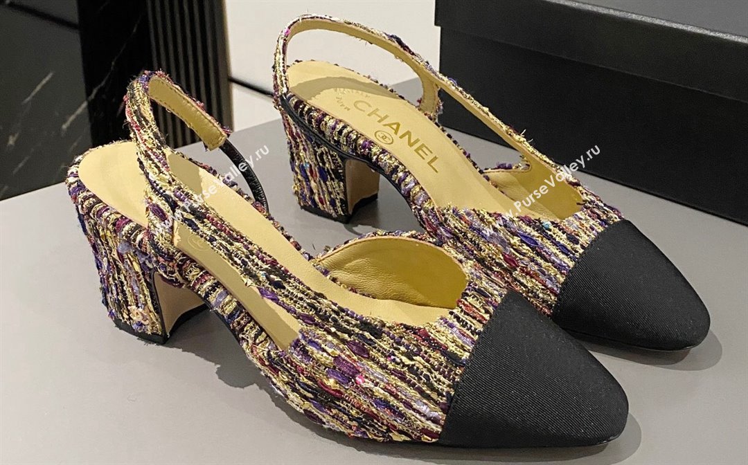 Chanel Heel 6.5cm Slingbacks G31318 Tweed Multicolor/Black 2024 (modeng-24040217)