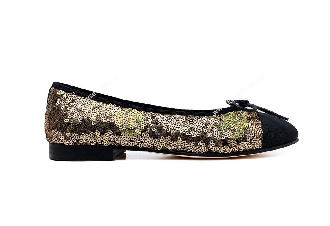 Chanel Ballet flats G02819 Grosgrain Black/Sequins Gold 2024 (modeng-24040232)