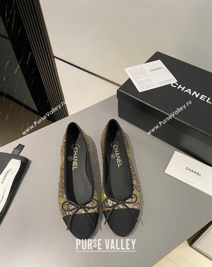 Chanel Ballet flats G02819 Grosgrain Black/Sequins Gold 2024 (modeng-24040232)