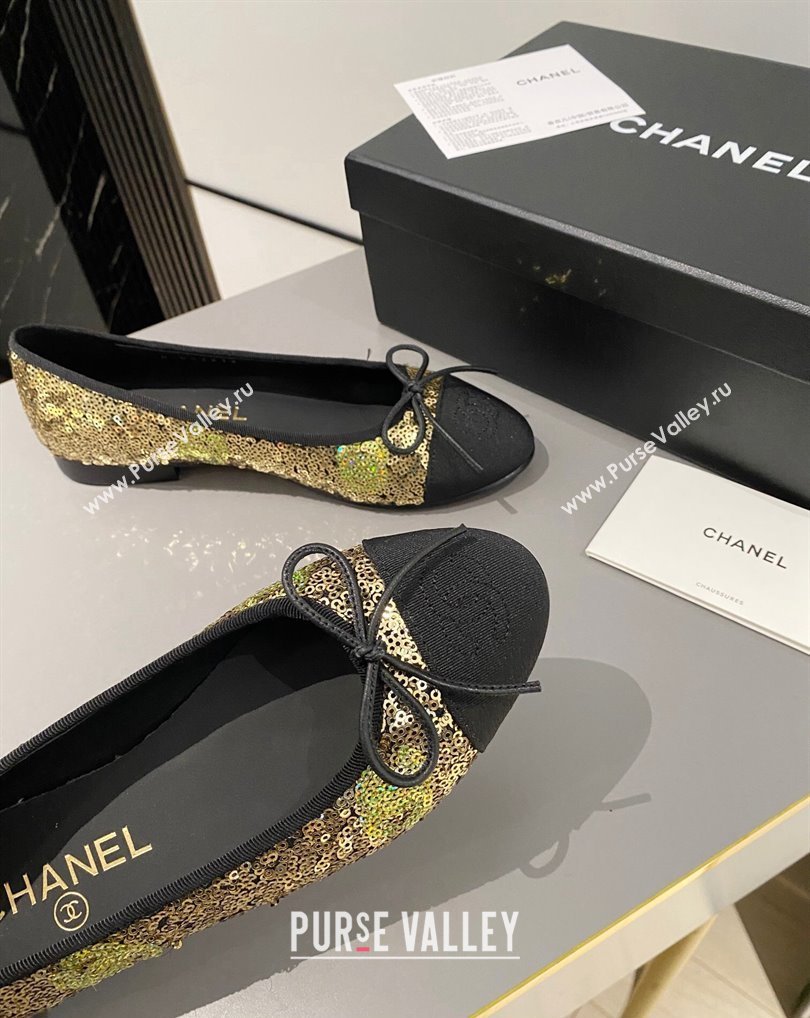 Chanel Ballet flats G02819 Grosgrain Black/Sequins Gold 2024 (modeng-24040232)