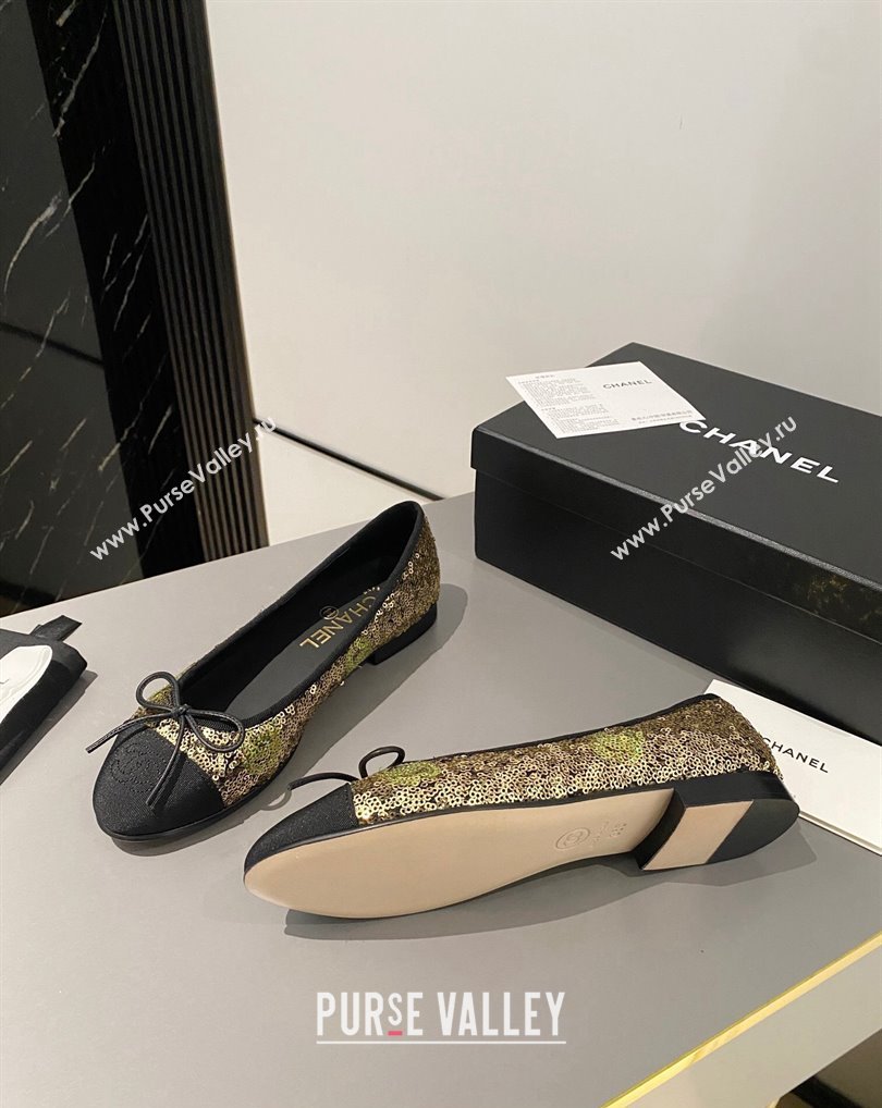 Chanel Ballet flats G02819 Grosgrain Black/Sequins Gold 2024 (modeng-24040232)