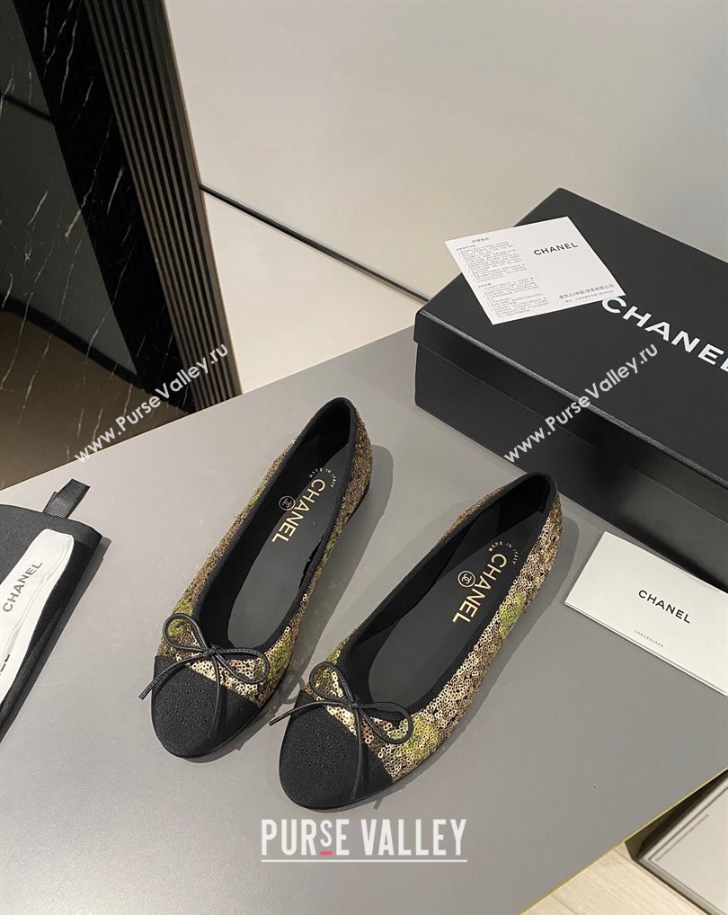 Chanel Ballet flats G02819 Grosgrain Black/Sequins Gold 2024 (modeng-24040232)