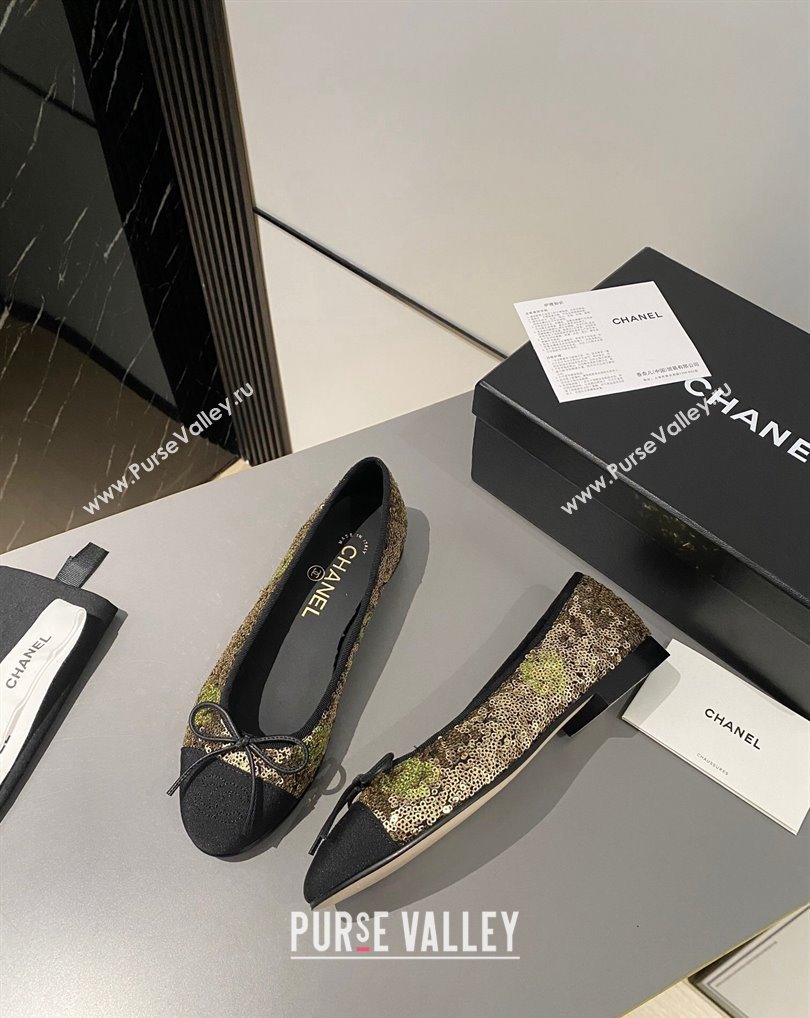 Chanel Ballet flats G02819 Grosgrain Black/Sequins Gold 2024 (modeng-24040232)