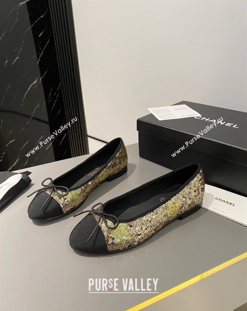 Chanel Ballet flats G02819 Grosgrain Black/Sequins Gold 2024 (modeng-24040232)