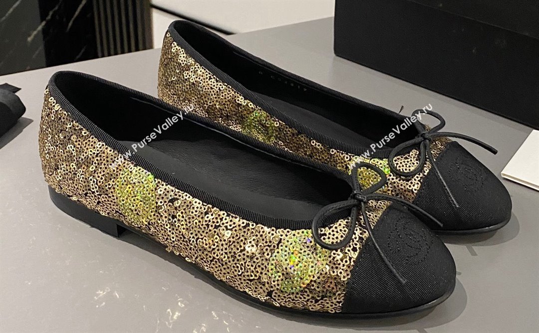 Chanel Ballet flats G02819 Grosgrain Black/Sequins Gold 2024 (modeng-24040232)