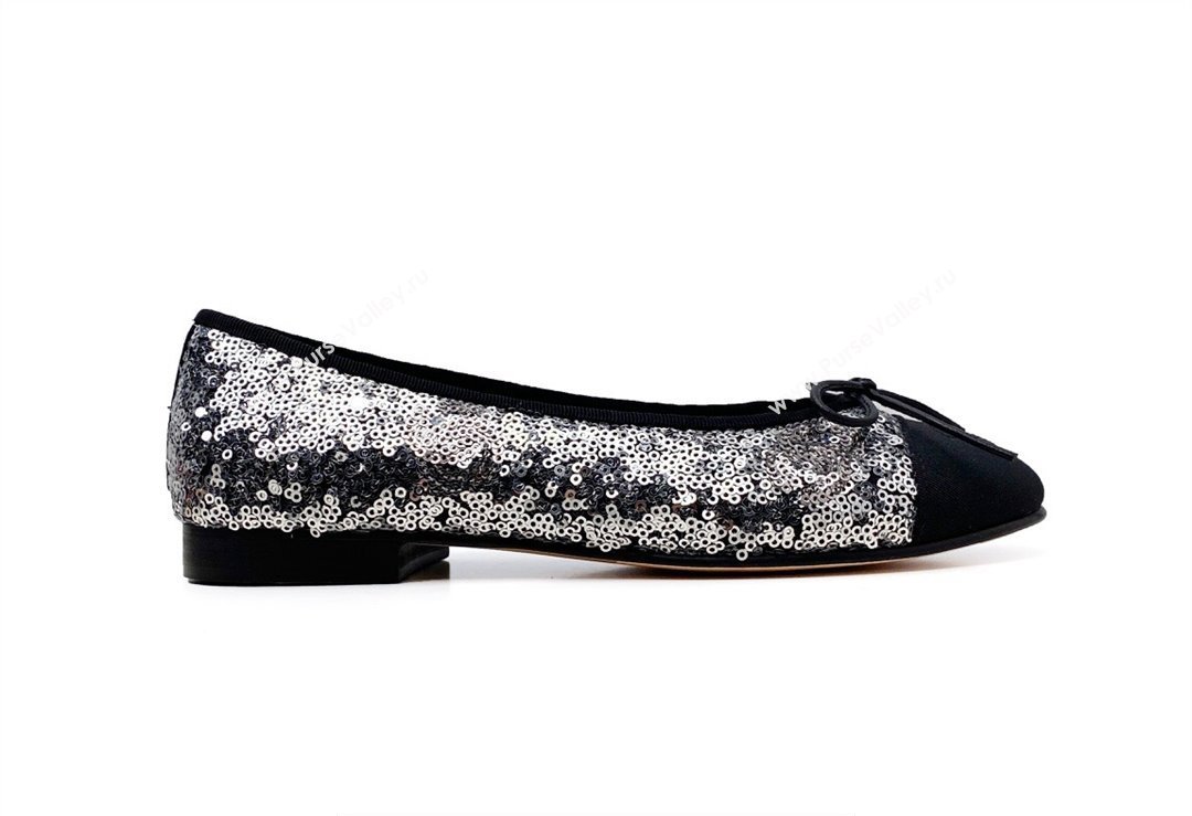 Chanel Ballet flats G02819 Grosgrain Black/Sequins Silver 2024 (modeng-24040231)