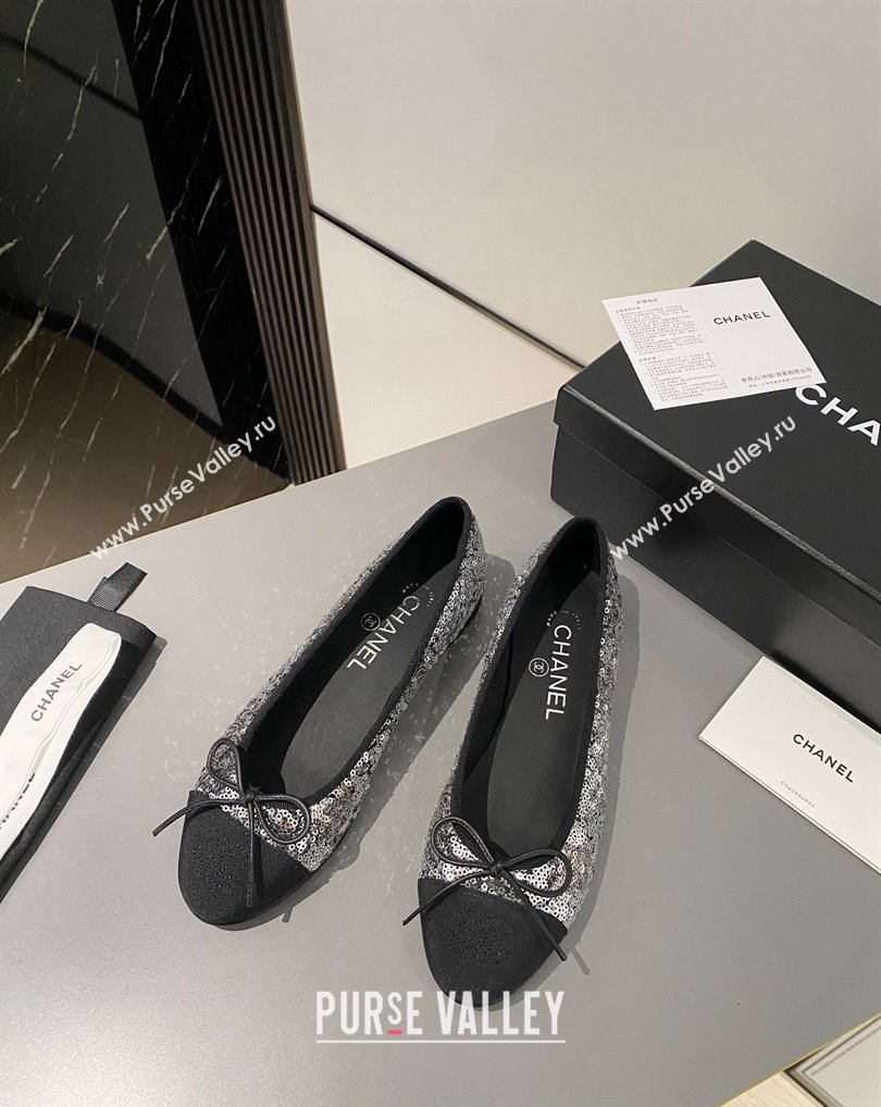Chanel Ballet flats G02819 Grosgrain Black/Sequins Silver 2024 (modeng-24040231)