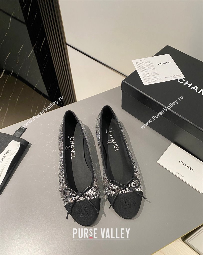 Chanel Ballet flats G02819 Grosgrain Black/Sequins Silver 2024 (modeng-24040231)