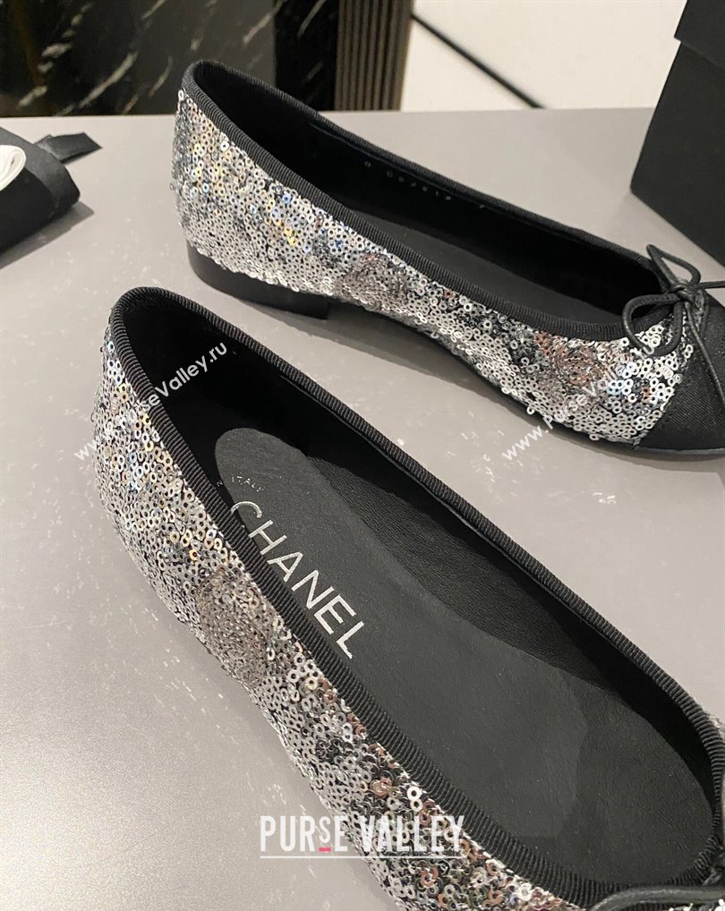 Chanel Ballet flats G02819 Grosgrain Black/Sequins Silver 2024 (modeng-24040231)