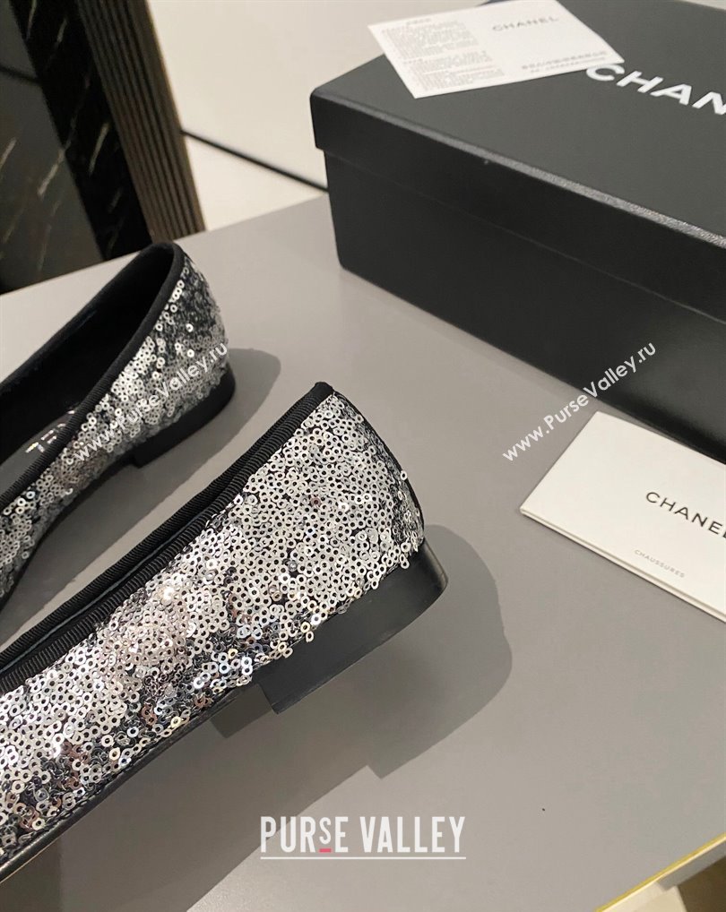 Chanel Ballet flats G02819 Grosgrain Black/Sequins Silver 2024 (modeng-24040231)